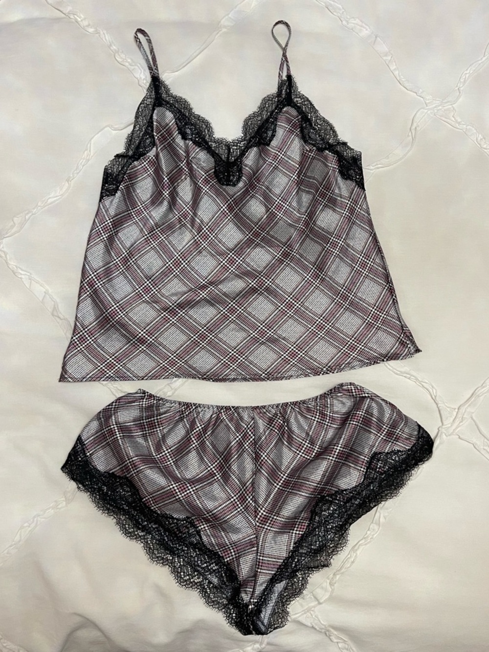 Victoria's Secret Satin and Lace Plaid Cami and Shorts Set XS